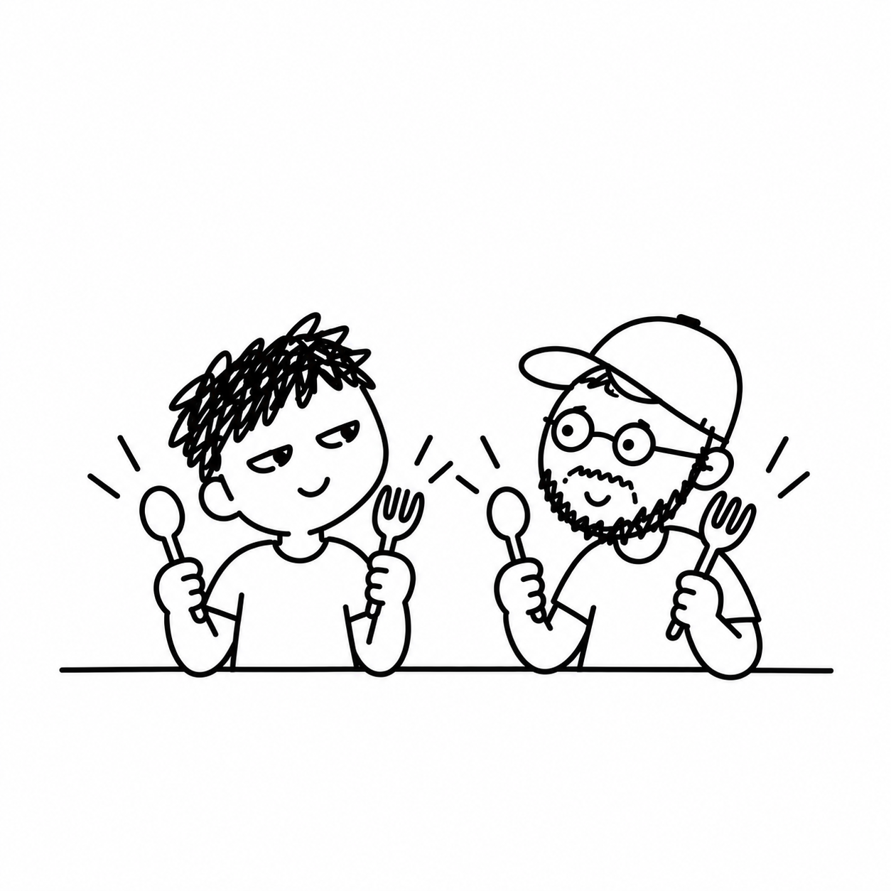 스푼과 포크를 들고 식사를 기다리는 두 사람의 손그림